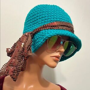 Turquoise Crochet Hat with Sequin Brown Band